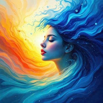 The primary subject of the image is a woman with long hair, who is looking upward and appears to be in a dreamy or contemplative state. She is surrounded by a beautiful blue ocean, which serves as the setting for the scene. The visual style of the image is a digital art or illustration, with the woman's hair and the ocean's waves depicted in vibrant colors. The overall atmosphere of the image is serene and peaceful, with the woman's gaze and the ocean's beauty